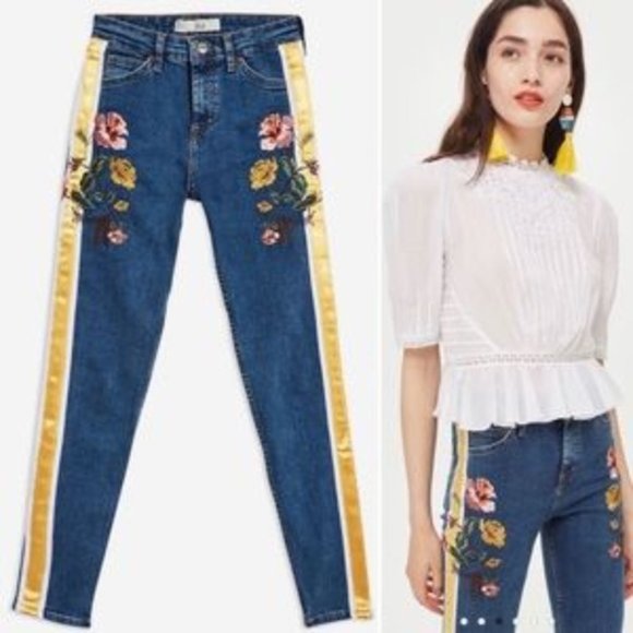 Topshop Floral Embroidered Cropped Jamie Jeans Hi Waisted Jeggings size 8 - Picture 4 of 15